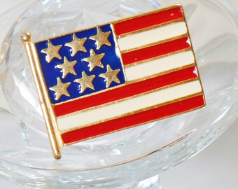 USA Flag Brooch. Vintage Flag Pin. Red White Blue Flag Brooch. Gold Star Flag Pin.  American Flag Brooch. Patriotic Pin. waalaa.