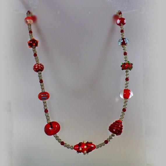 Red Art Glass Necklace.  Ruby Red Silver Clear We… - image 4