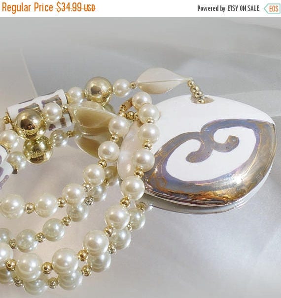 Ceramic Beaded Necklace.  White Ceramic Silver Ac… - image 1