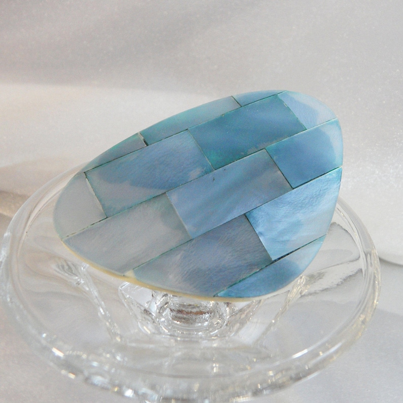 Pale Blue Abstract Triangle Pin Large waalaa. Blue Mother of Pearl Brooch Lucite