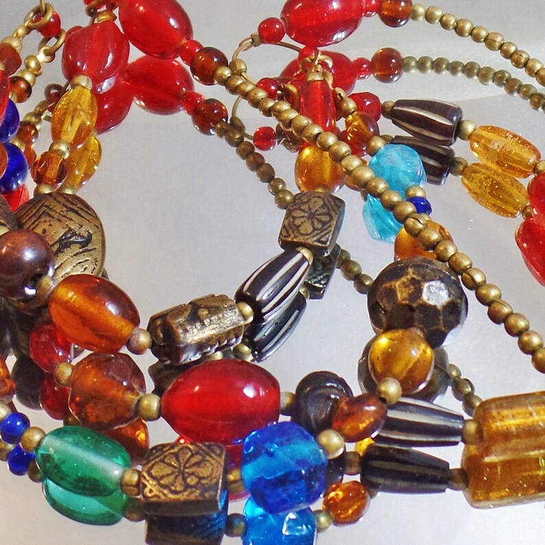 Boho Art Glass Necklace. Three Strand Necklace. Tribal. Red. Etsy