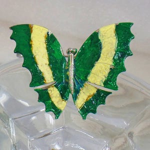 Green Yellow Enamel Butterfly Brooch.  Green Yellow Enamel on Silver Butterfly Pin. waalaa.