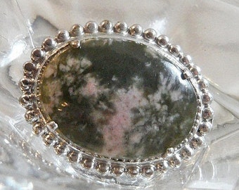 Moss Agate Brooch.  Green Pink Moss Agate Pin.  Silver Stone Brooch. waalaa.