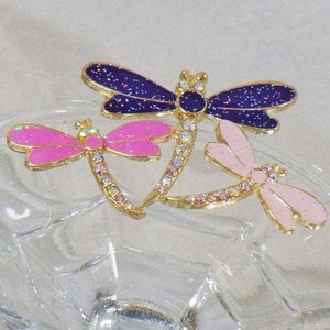 Pink Purple Rhinestone Three Dragonfly Brooch. Enamel and Rhinestone Encrusted 3 Dragonfly Pin. waalaa.