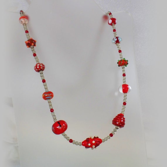Red Art Glass Necklace.  Ruby Red Silver Clear We… - image 2