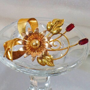 Flower Brooch. Rose Gold, Yellow Gold, Green Gold Flower Brooch.  Bal Ron 12k GF Garnet Red Rhinestone Pin. waalaa.