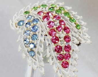 Smalto bianco foglia spilla.  Pin di foglia con strass pastello tre.  Spilla rosa verde foglia blu. waalaa.