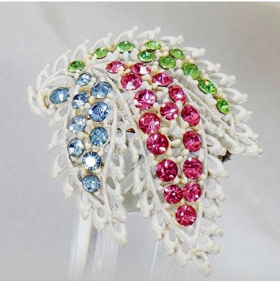 White Enamel Leaf Brooch.  Pastel Rhinestone Three