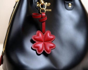 Red Clover Handbag Charm, Unique Leather Accessories, Leather Keychain for Purse, Handmade Leather Gift, Cute Gifts for Ladies, Lucky Clover