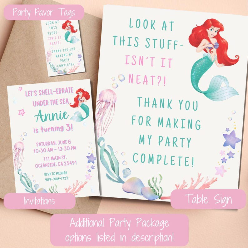 May include: A party invitation set featuring a mermaid theme. The set includes invitations, a table sign, and party favor tags. The invitations read "Let's shell-ebrate under the sea" and include party details. The table sign says "Look at this stuff, isn't it neat?!"