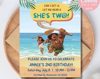 モアナの2歳の誕生日招待状、編集可能なテンプレート（デジタルダウンロード）