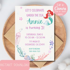 Invitation d'anniversaire Ariel, 3e anniversaire de princesse, anniversaire de fille de 3 ans, anniversaire de la sirène, invitation Ariel, anniversaire de la petite sirène, Bday
