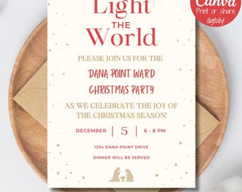 Zaproszenie na kościelne przyjęcie bożonarodzeniowe, Zaproszenie na bożonarodzeniowe przyjęcie LDS, Zaproszenie na bożonarodzeniowe przyjęcie Light the World, Zaproszenie na bożonarodzeniowe przyjęcie Kościoła LDS