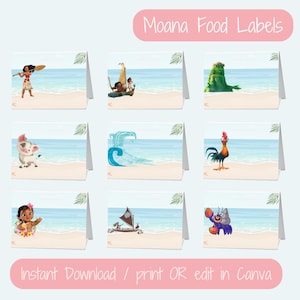 Personalized Moana Birthday Party Food Labels, Moana Place Cards (PDF Download OR Use Canva), Moana Food Tents