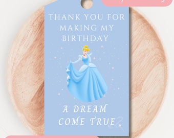 Etiquetas de recuerdo para fiesta de cumpleaños de Cenicienta, notas de agradecimiento de princesa (PDF)