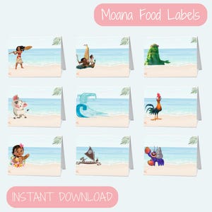 Étiquettes Moana pour aliments, marque-places Moana, Tente Moana avec repas, Paquet de fête Moana, Articles de menu Moana, Fête d'anniversaire Moana, Lot anniversaire Moana
