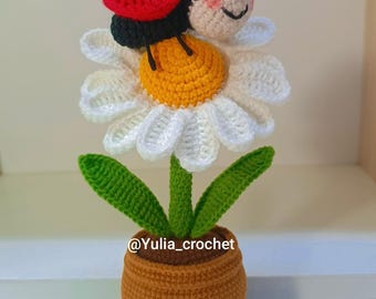PDF PATTERN, Flowerpot with daisy and ladybug.