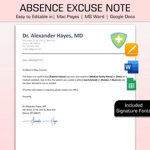 Notas de excusa de ausencia, notas de excusa de médico, plantilla de excusa de médico, carta de excusa de médico, nota de médico para el trabajo, notas de médico, carta de excusa