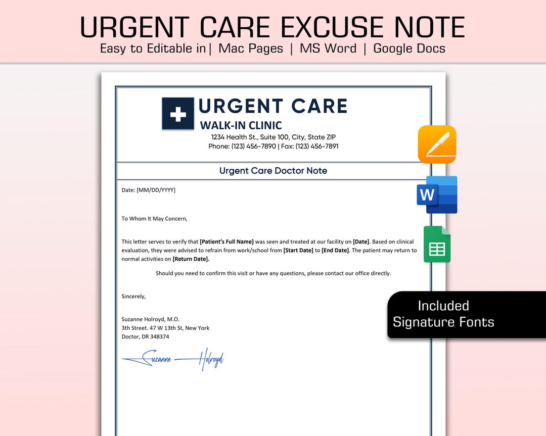 Editable Urgent Care Doctor Note for Work & School, Doctor Excuse Note ...