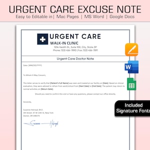 Nota de atención médica de urgencia editable para el trabajo y la escuela, plantilla de nota de excusa médica, carta de excusa médica, nota de excusa médica, MS Word, Google Docs