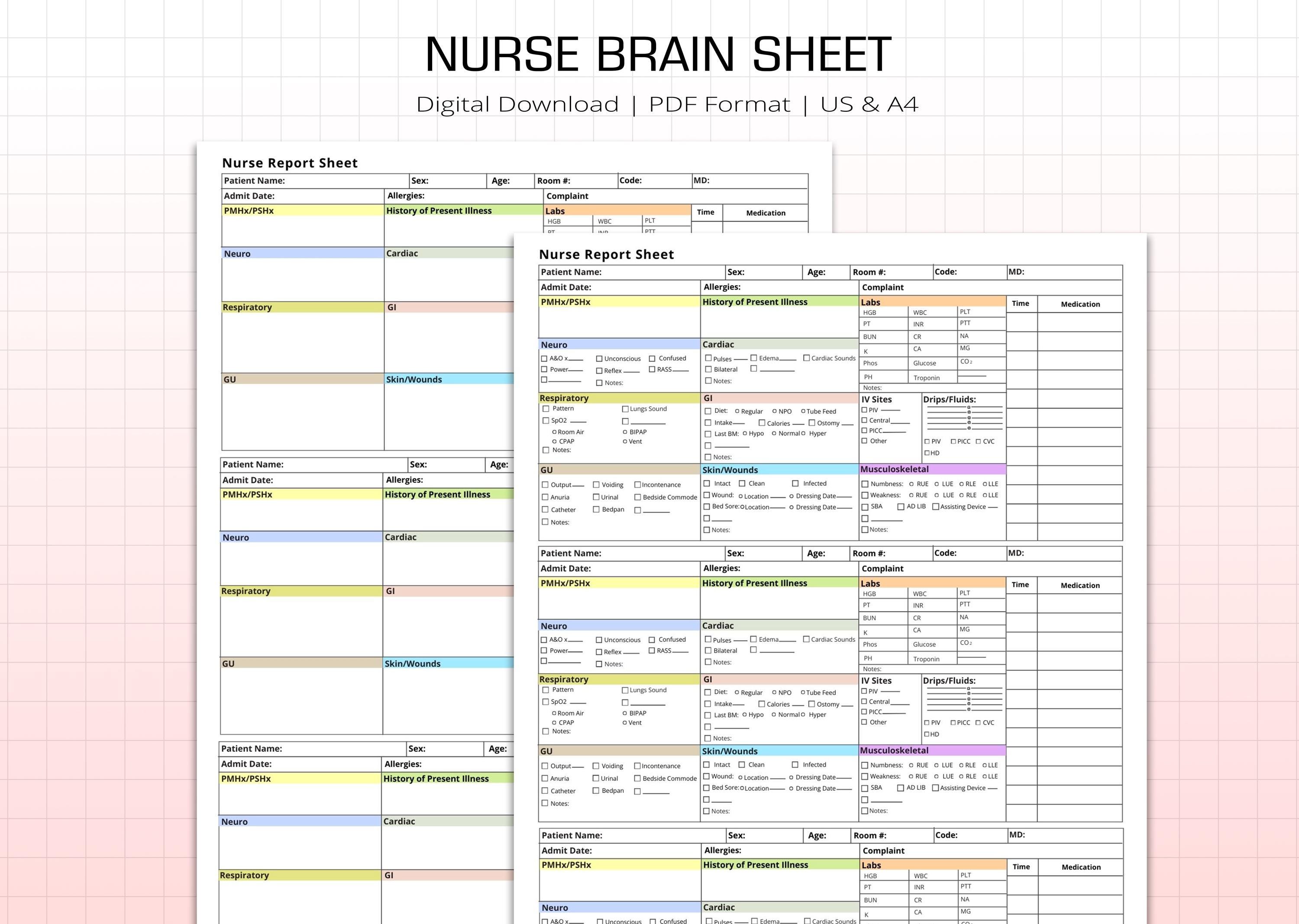 Nursing Rounding Note Layout 3 Patient Nursing Report Sheet W/ Hourly Rounding, Med Surg Nurse Brain ...