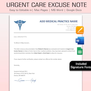 Nota médica de atendimento de urgência editável para trabalho e escola, modelo de nota de desculpa médica, carta de desculpa médica, nota de desculpa médica, MS Word, Google Docs