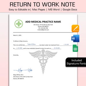 Plantilla de nota de excusa médica para regresar al trabajo con firma del médico, nota médica editable para el trabajo y la escuela, Word, Google Docs