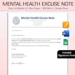Excusa de salud mental editable para el trabajo y la escuela, plantilla de excusa médica, carta de excusa médica, nota de excusa médica, Word, Google Docs