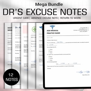 Paquete de notas de excusa médica, nota de excusa médica con firma, regreso al trabajo, nota médica editable, nota de excusa médica de atención de urgencia, excusa de ausencia