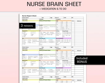 3 Patient Nursing Report Sheet W/ Hourly Rounding, Med Surg Nurse Brain Sheet Multi Patient ICU Report Sheet Nursing Handoff Report, PDF