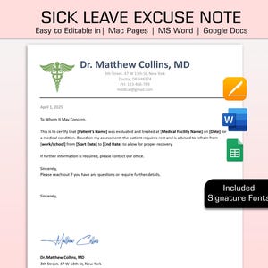 Nota médica editable para licencia por enfermedad para el trabajo y la escuela, plantilla de nota médica de excusa, carta de excusa médica, nota médica, MS Word, Google Docs