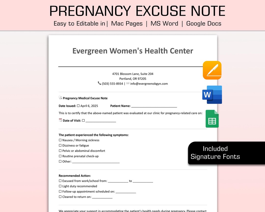 Editable Doctors Note for Pregnancy, OBGYN Work Excuse Template ...