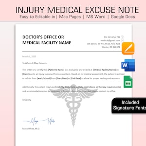 Nota médica preenchível para trabalho, nota de desculpa médica devido a fratura/lesão, carta de desculpa médica, nota de desculpa escolar, palavra de desculpa médica, Mac
