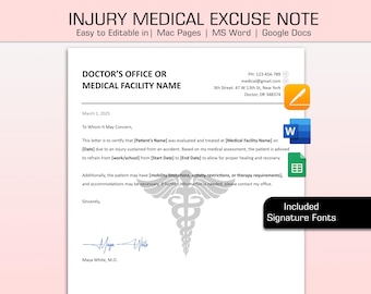 Work Injury Doctors Note Fillable Doctors Note for Work, Doctor Excuse Note Due to Fracture ...