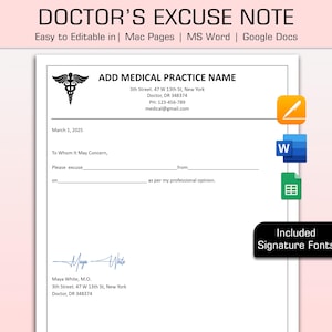 Nota médica editável com assinatura, nota de desculpa médica, carta de desculpa médica, nota médica falsa para trabalho e escola, Pages, Word, Google Docs