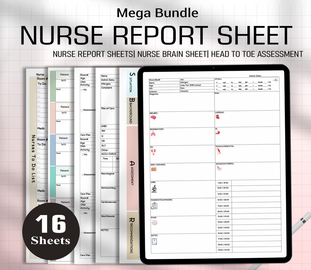 Nurse Sheets Bundle, Nurse Report Sheet, SBAR, Head to Toe Assessment ...