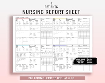 Nursing Report Sheet, 4 Patient Nurse Report Sheet – Med Surg, ICU, ER, Multi-Patient Handoff, Nursing Brain Sheet, Report Template, PDF