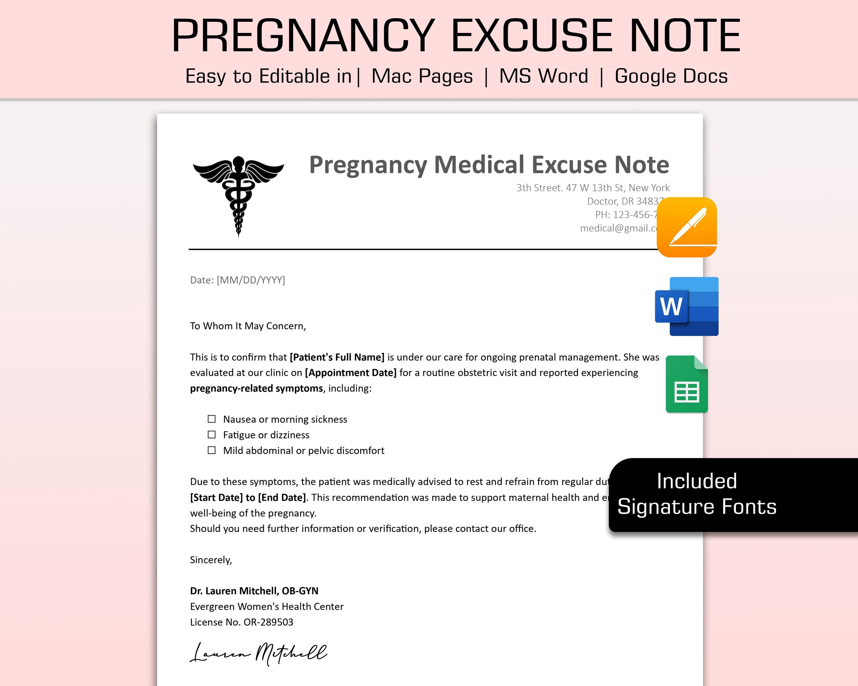 Editable Doctors Note for Pregnancy, OBGYN Work Excuse Template ...
