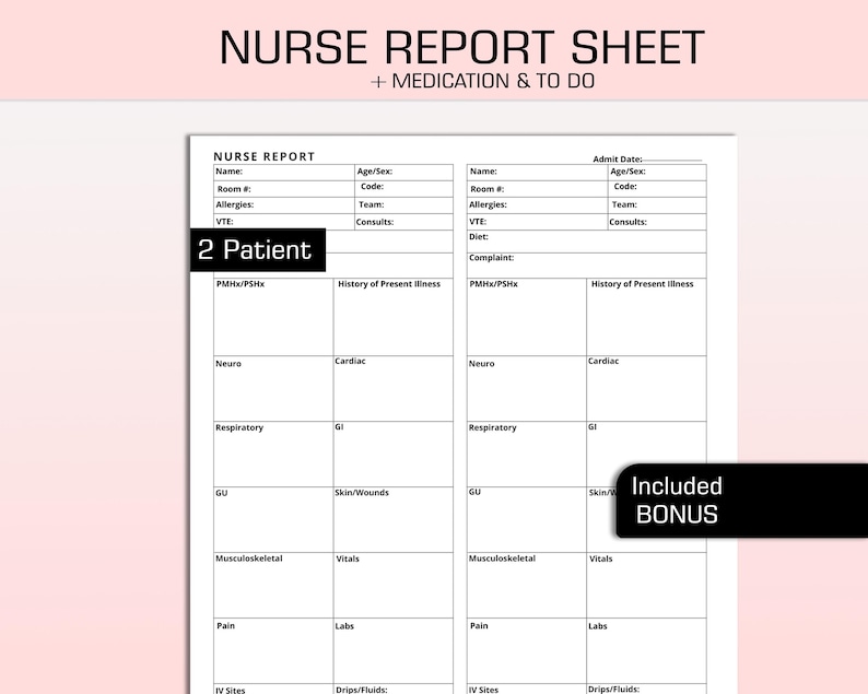 ICU Nurse Report Sheet, 2 Patient Med Surg Report Sheet Nursing Handoff ...