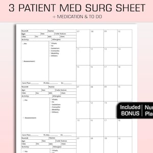 3 patient medical surgical nurse report sheet. Med-surg nurse brain sheet with timeline. 3 patient RN/nursing student handoff report sheet