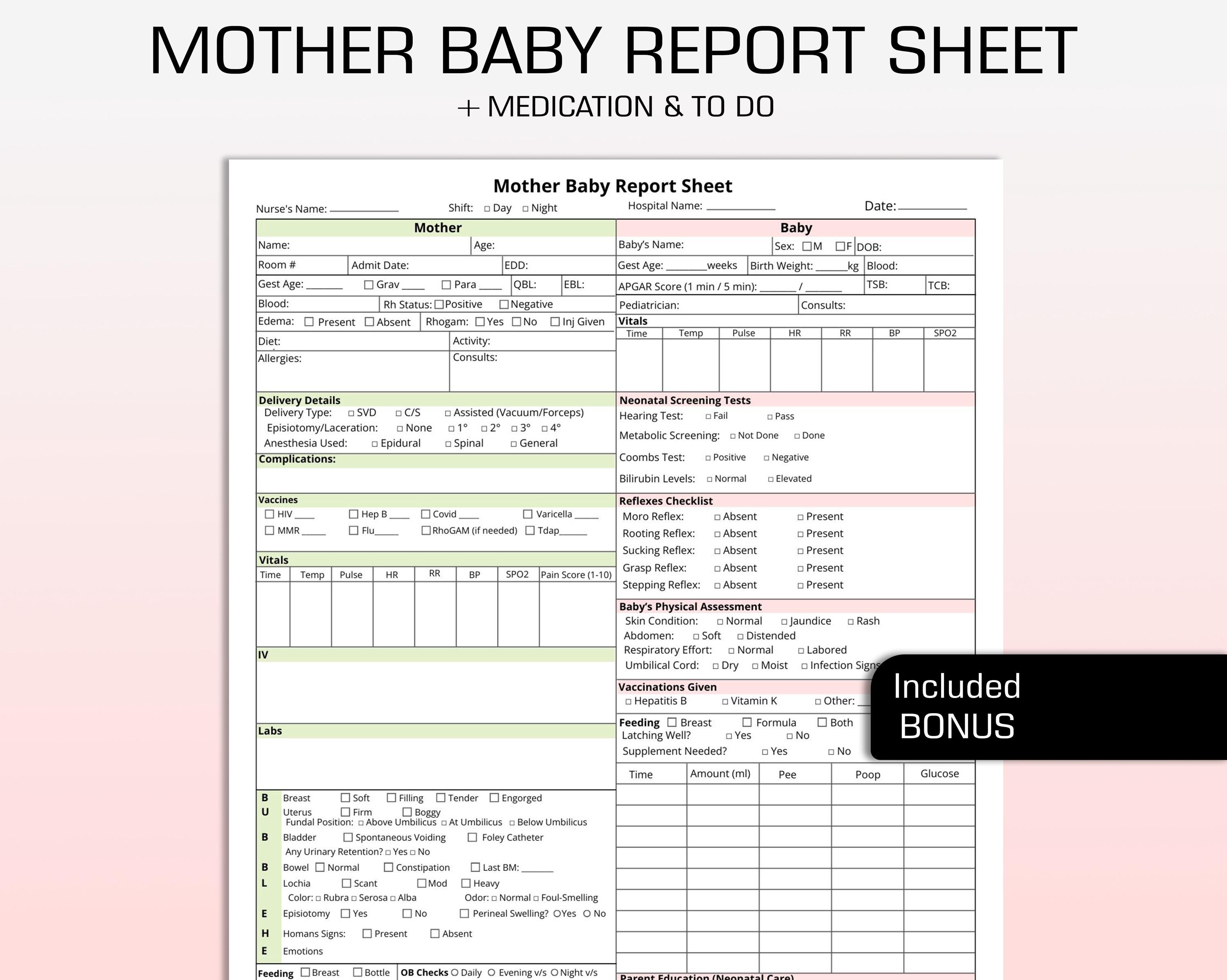 Mother Baby Nurse Report Sheet Medsurg | Postpartum Nursing Report Sheet Nurse Shift Handoff | Labor and Delivery Couplet Care Nurse Report