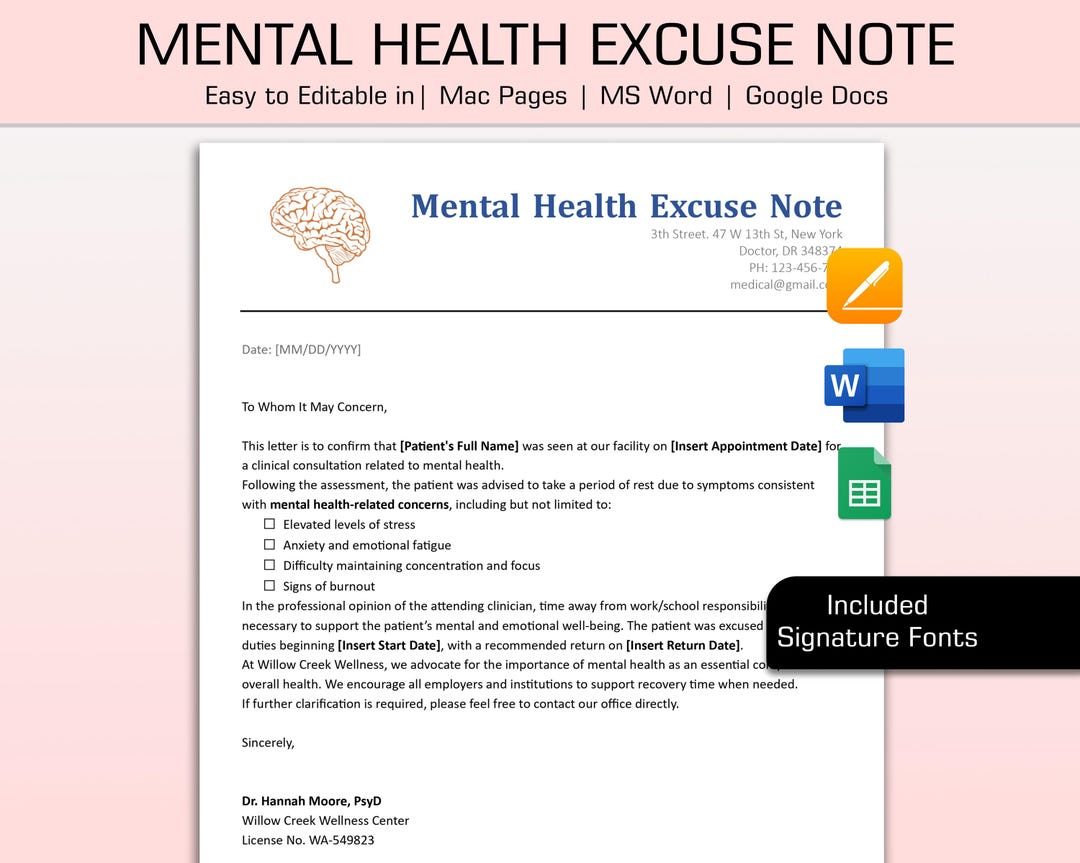 Editable Mental Health Excuse Note for Work & School, Doctor Excuse ...