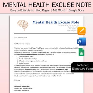 Excusa de salud mental editable para el trabajo y la escuela, plantilla de excusa médica, carta de excusa médica, nota de excusa médica, Word, Google Docs