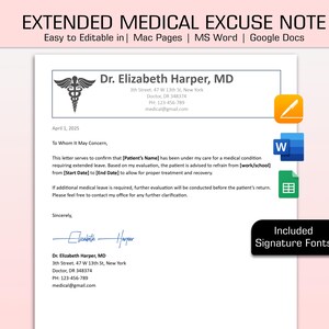 Extended Absence Doctor's Note ,Doctor Excuse Letter , Doctor Excuse Note with signature for MS Word, Mac Pages, Google Docs, Dr Note Work