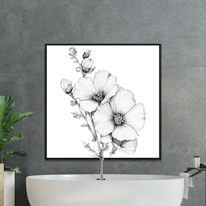 Black and white digital floral art print, Botanical wall art illustration, Modern minimalist flower decor, Instant download