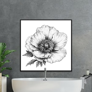 Black and White Flower Illustration, Detailed Floral Art, Digital Wall Art, Botanical Print, Monochrome Flower Decor, Printable Art