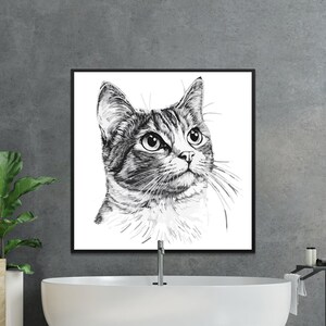 Cat Digital Art Printable, Instant Download Cat Illustration, Cat Wall Art, Modern Pet Decor, Cat Drawing, Black and White Art