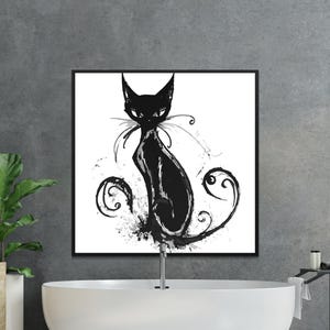 Mysterious Black Cat Digital Art Print, Modern Abstract Cat Illustration, Printable Wall Art, Unique Cat Design