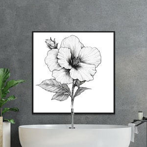Digital Black and White Flower Print, Botanical Printable Wall Art, Editable Floral Art Download, Digital Art for Home Decor