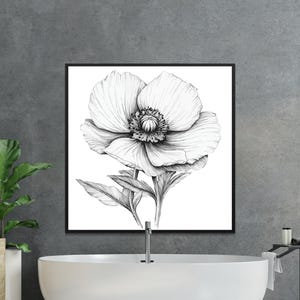 Botanical Flower Art Print, Monochrome Floral Wall Decor, Black and White Floral Illustration, Digital Download, Instant Home Decor